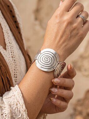 Turkish Antique Silver Plated Spiral Medallion Bohemian Cuff Bracelet Adj 8"